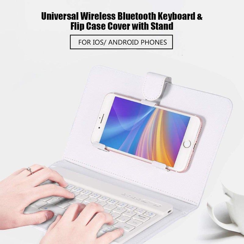 fosa Bluetooth Keyboard with Portfolio Flip Leather Case Cover Detachable Keyboard for 4.5'' 6.8'' iOS, Android and Smart Phones White - Image 3